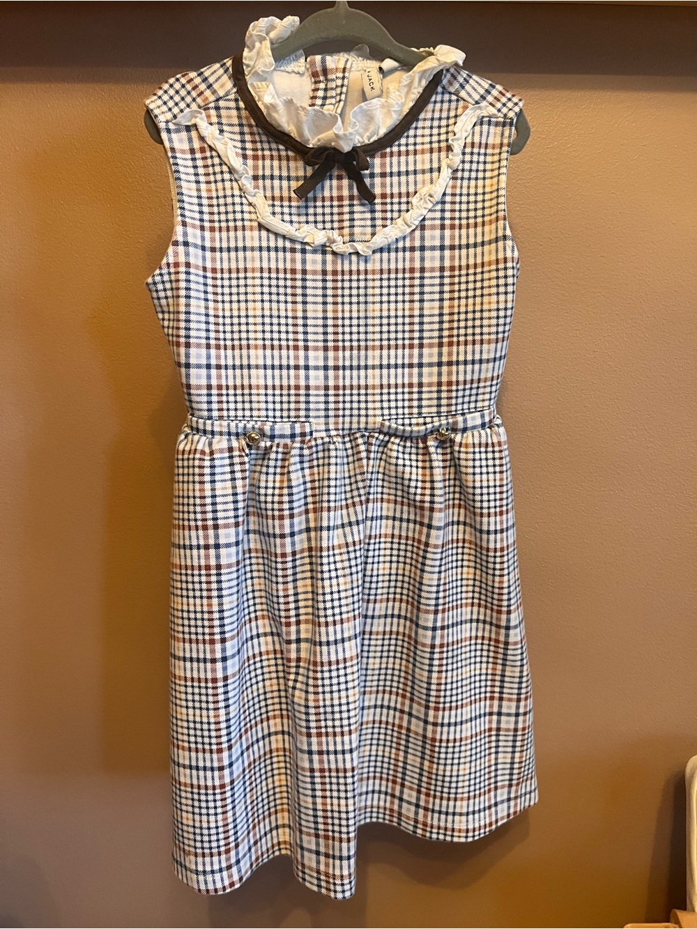 Janie & Jack Girls 7 Plaid Sleeveless Dress with Ruffle Collar - Navy & Tan